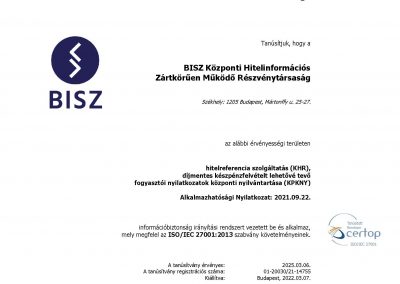 A BISZ Zrt. ISO/IEC 27001-es tanúsítványa